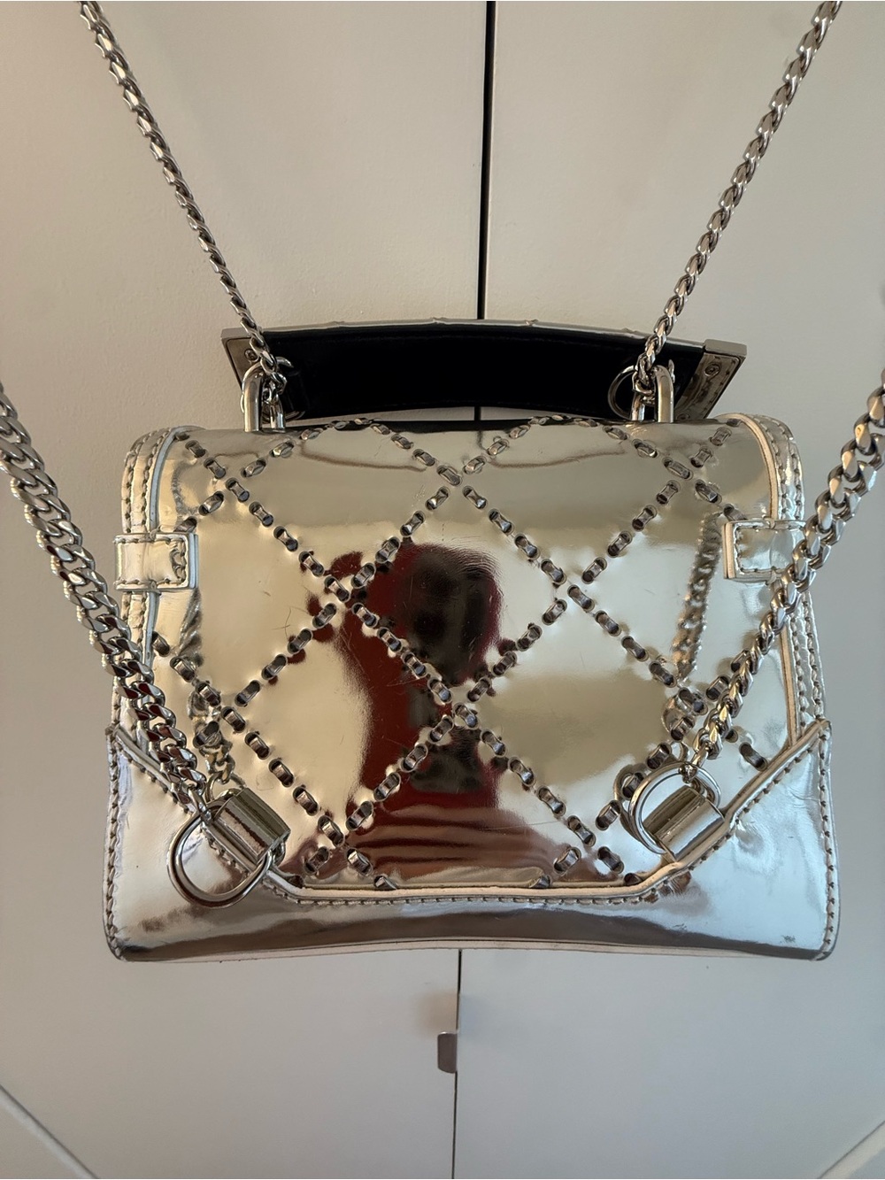 Balmain Silver Metallic Quilted Chain Crossbody - Picture 10 of 13